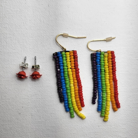 💮 Earrings (2 sets) - hanging and stud flower rose - Picture 2 of 5